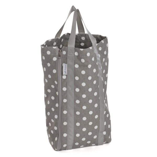 Hobby Gift: Knitting Bag with Pin Storage: Reversible: Grey Linen Polka Dot: Item size: (d/w/h) 15 x 41 x 19.5cm.