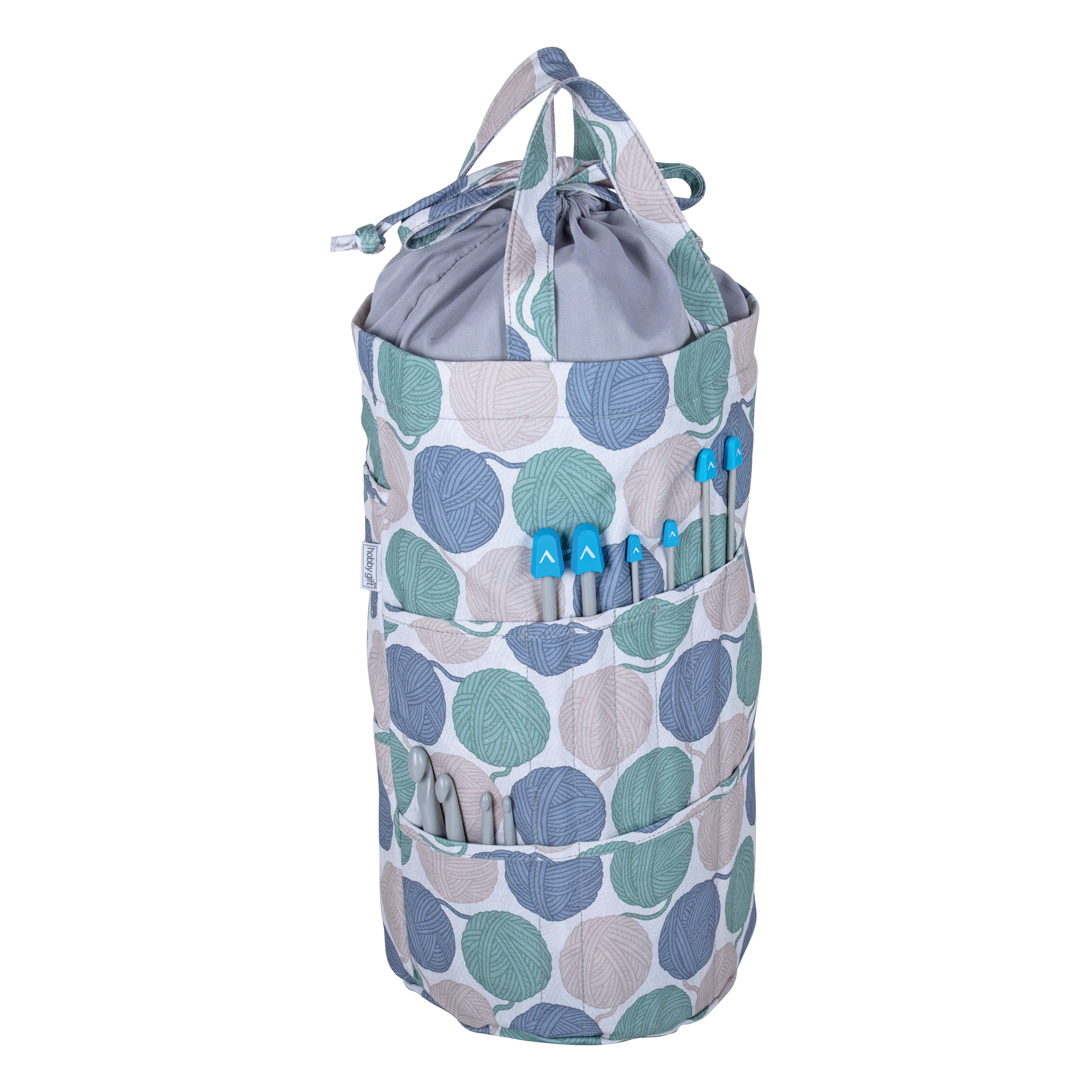 Hobby Gift: Knitting Bag: Drawstring with Outside Pockets: Yarn Balls:  Item size: (d/w/h) 15 x 41 x 19.5cm.