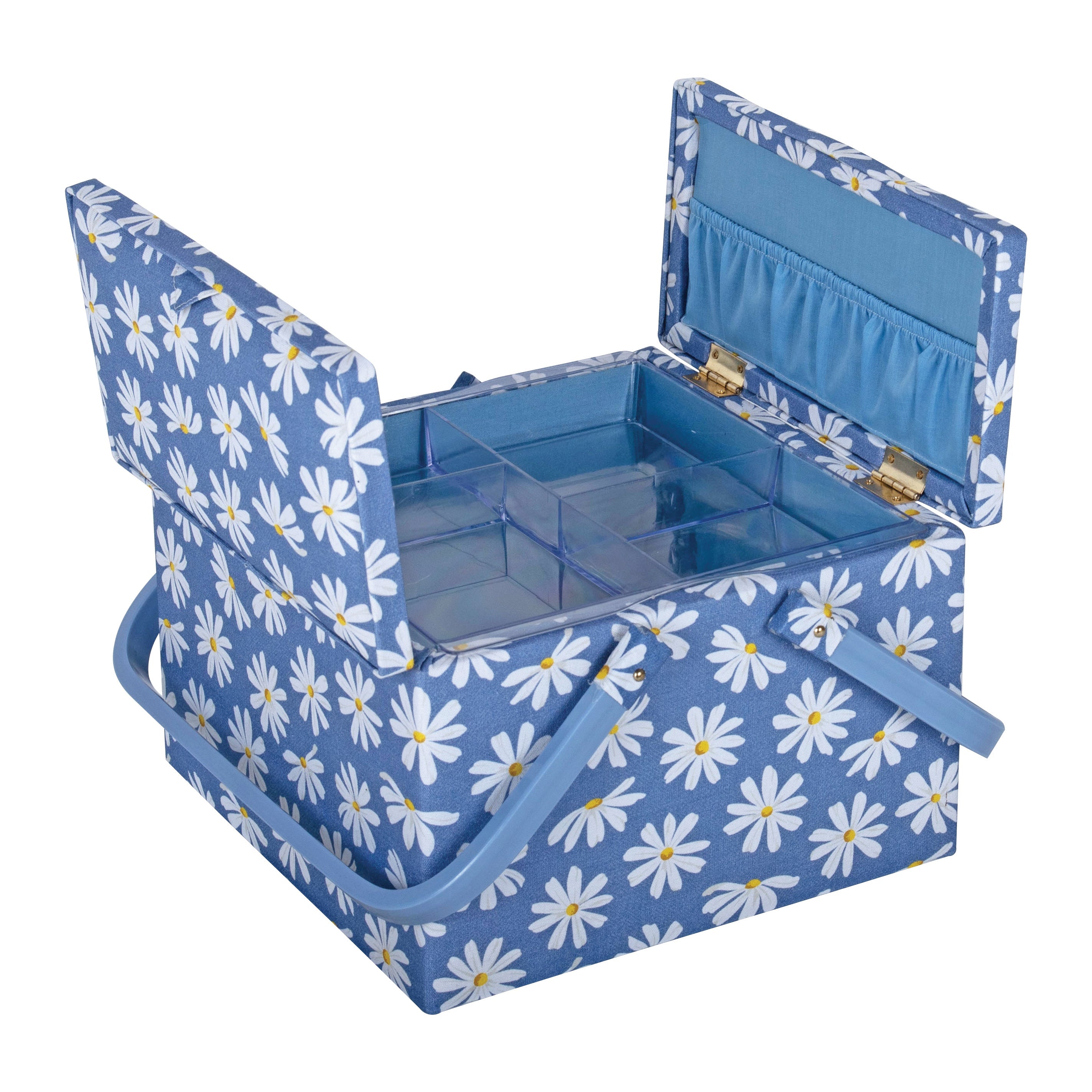 Hobby Gift: Sewing Box (L): Twin Lid: Square: Denim Daisies: Item size: (d/w/h) 25 x 25 x 17cm. - 0