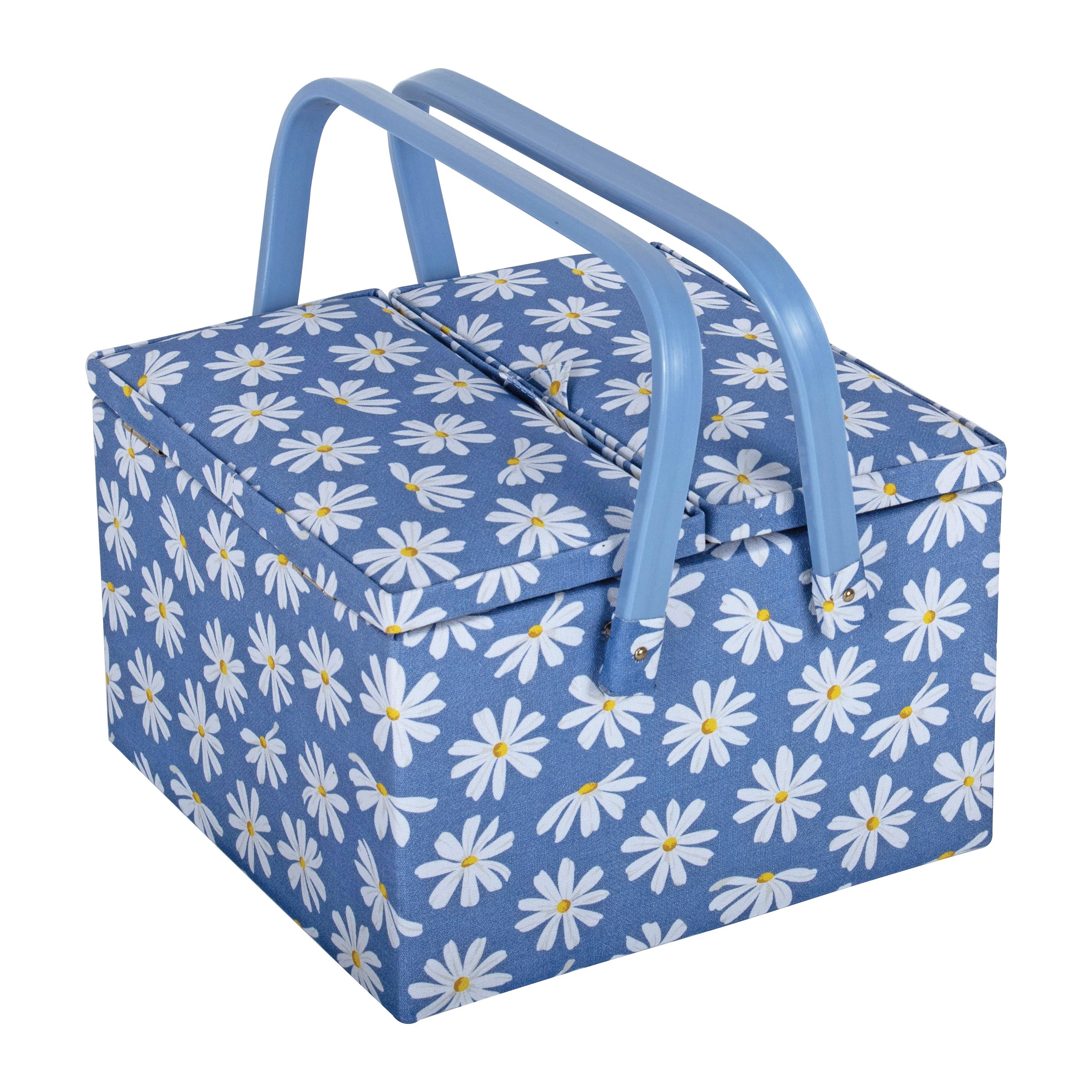 Hobby Gift: Sewing Box (L): Twin Lid: Square: Denim Daisies: Item size: (d/w/h) 25 x 25 x 17cm.