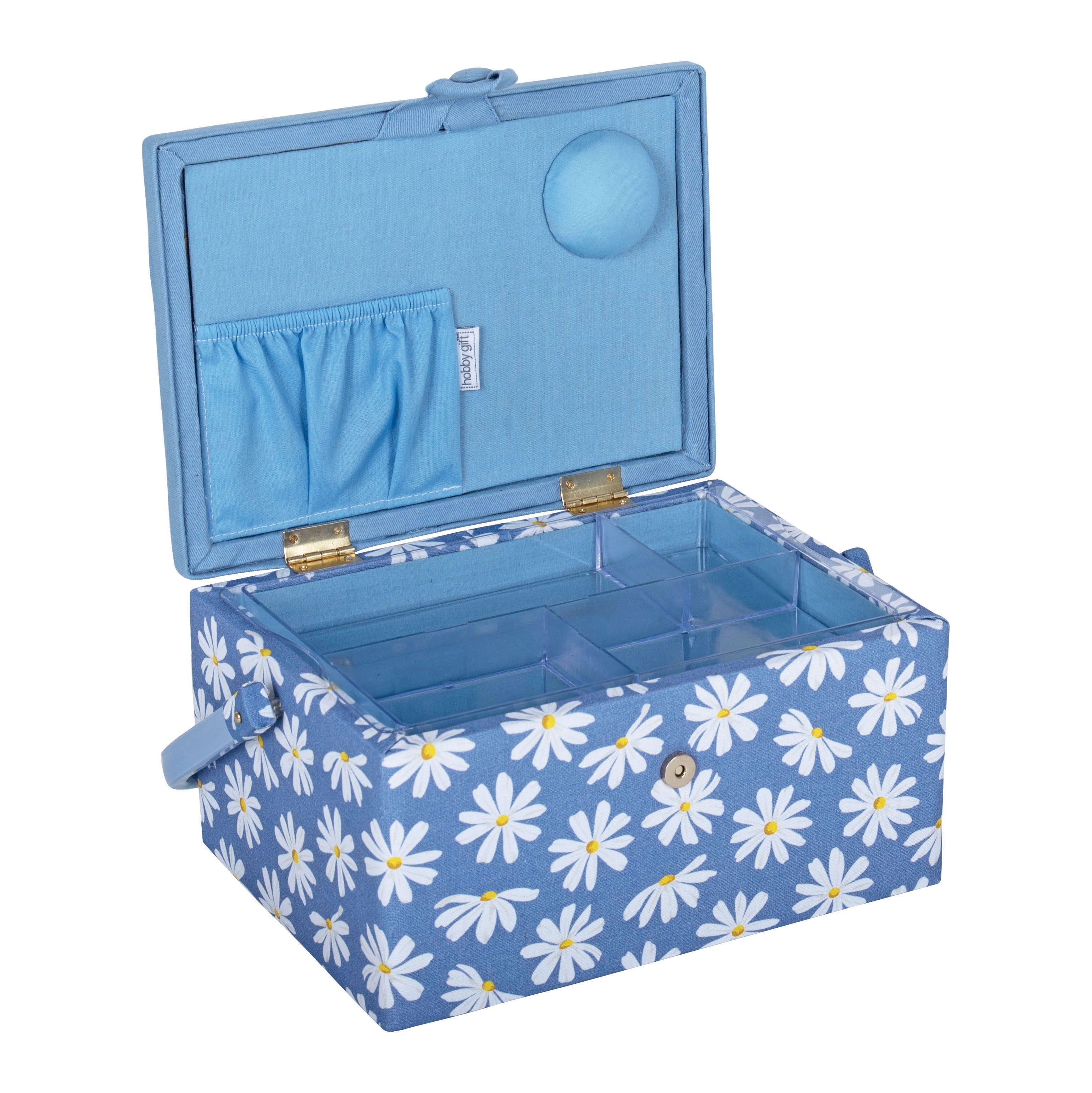 Hobby Gift: Sewing Box (M): Embroidered: Denim Daisies: Item size: (d/w/h) 18.5 x 25.5 x 14.5cm. - 0