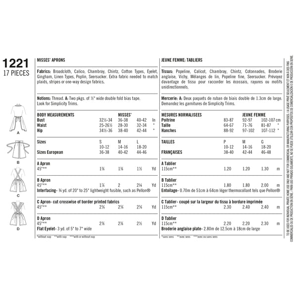 Simplicity Sewing Pattern 1221 Misses’ Vintage Aprons