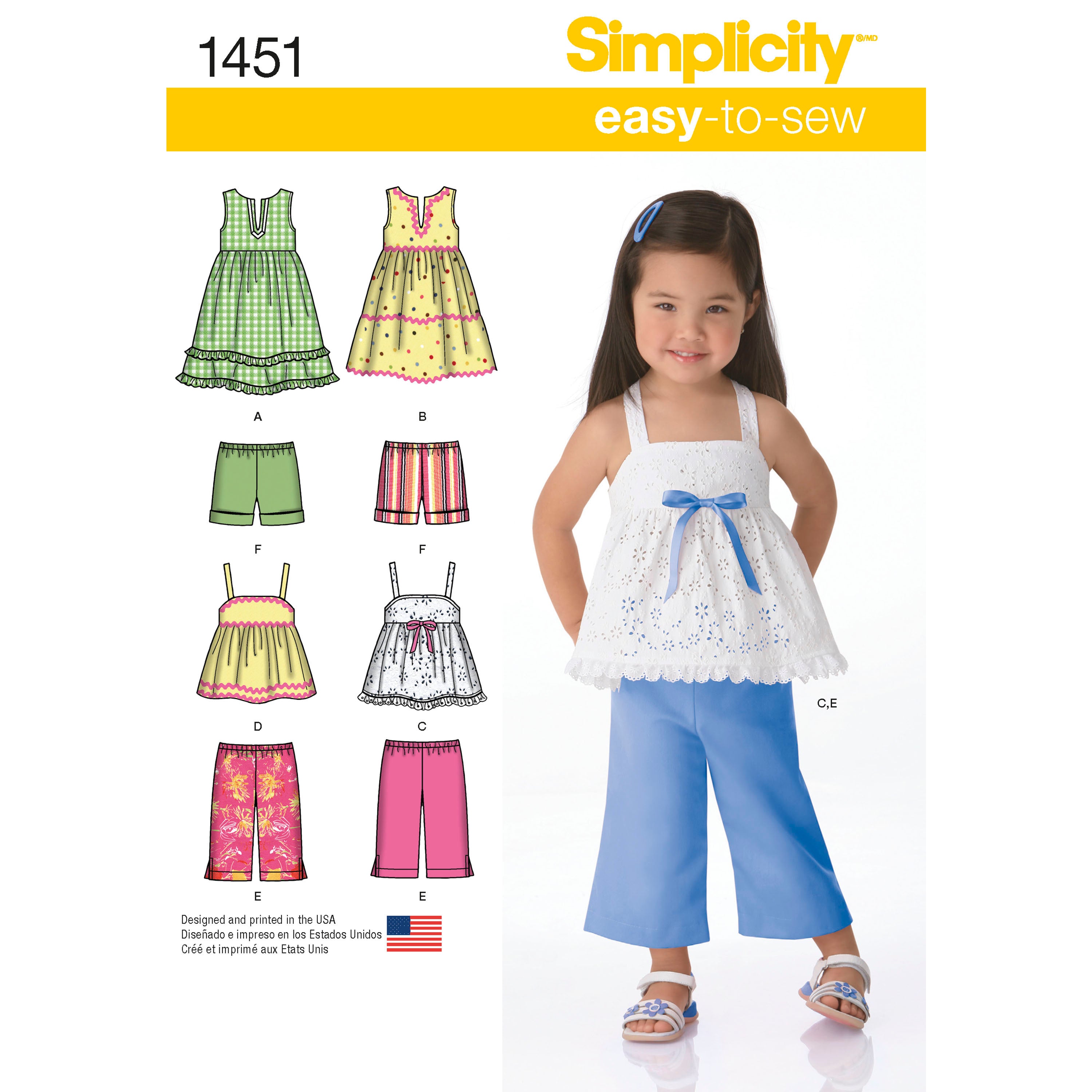 Simplicity Sewing Pattern 1451 Toddlers’ Dresses, Top, Cropped Trousers and Shorts