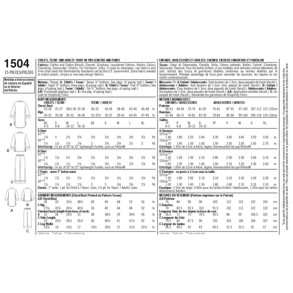Simplicity Sewing Pattern 1504 Child’s, Teens’ and Adults’ Loungewear