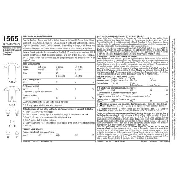 Simplicity Sewing Pattern 1565 Babies’ Bunting, Romper and Hats