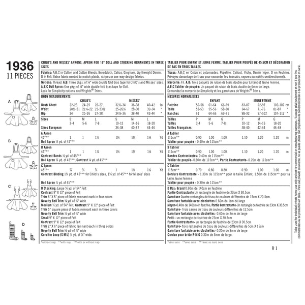 Simplicity Sewing Pattern 1936 Child's & Women's Aprons