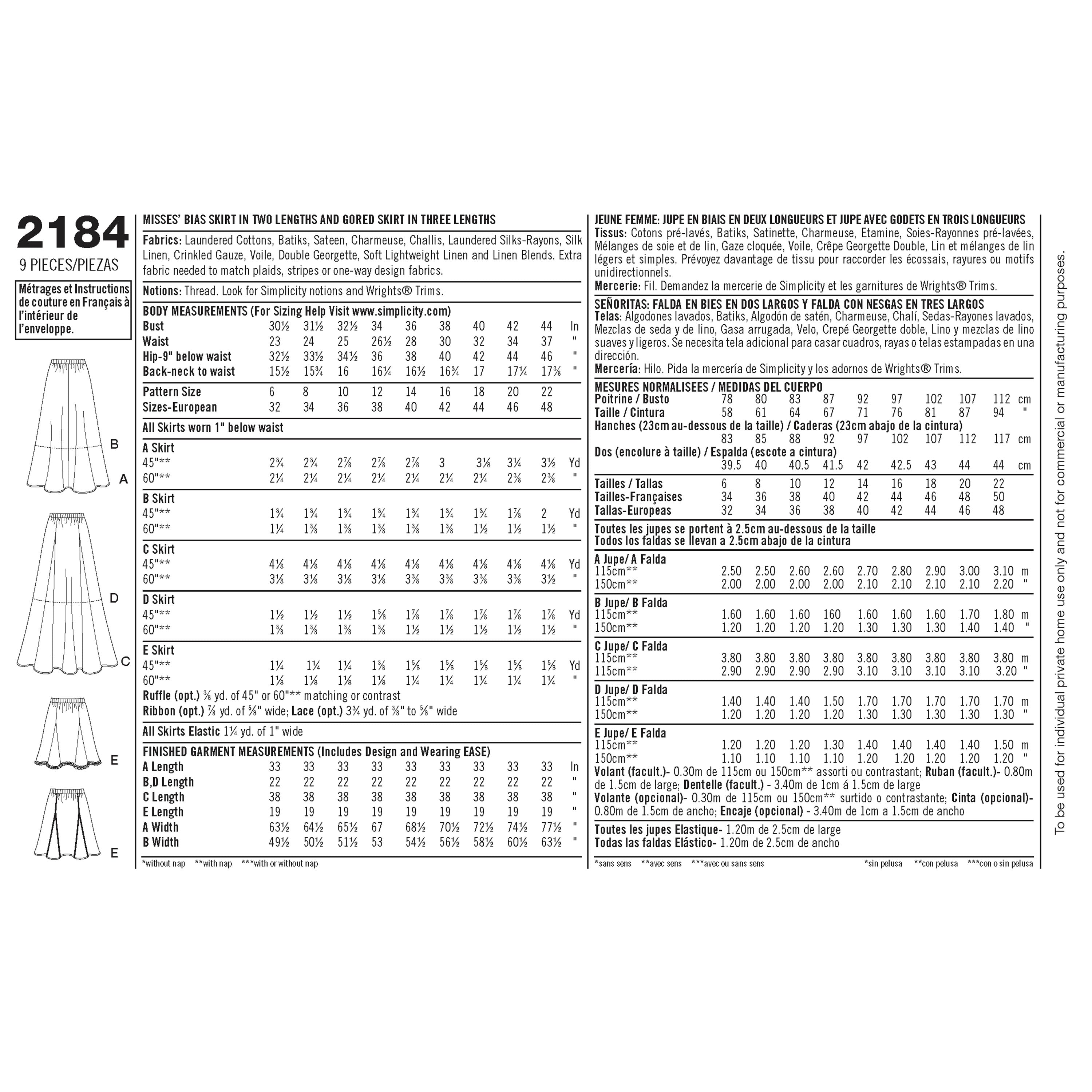 Simplicity Sewing Pattern 2184 Misses' Skirts