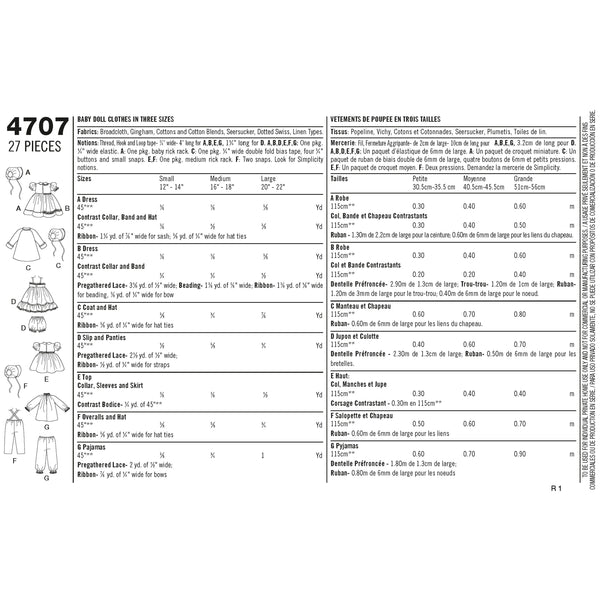 Simplicity Sewing Pattern 4707 15" Baby Doll Clothes