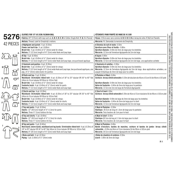 Simplicity Sewing Pattern 5276 Doll Clothes
