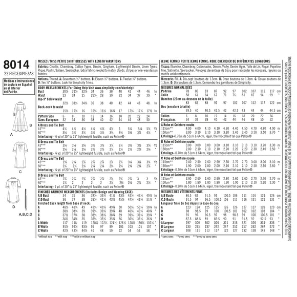 Simplicity Sewing Pattern 8014 Misses' Shirt Dress