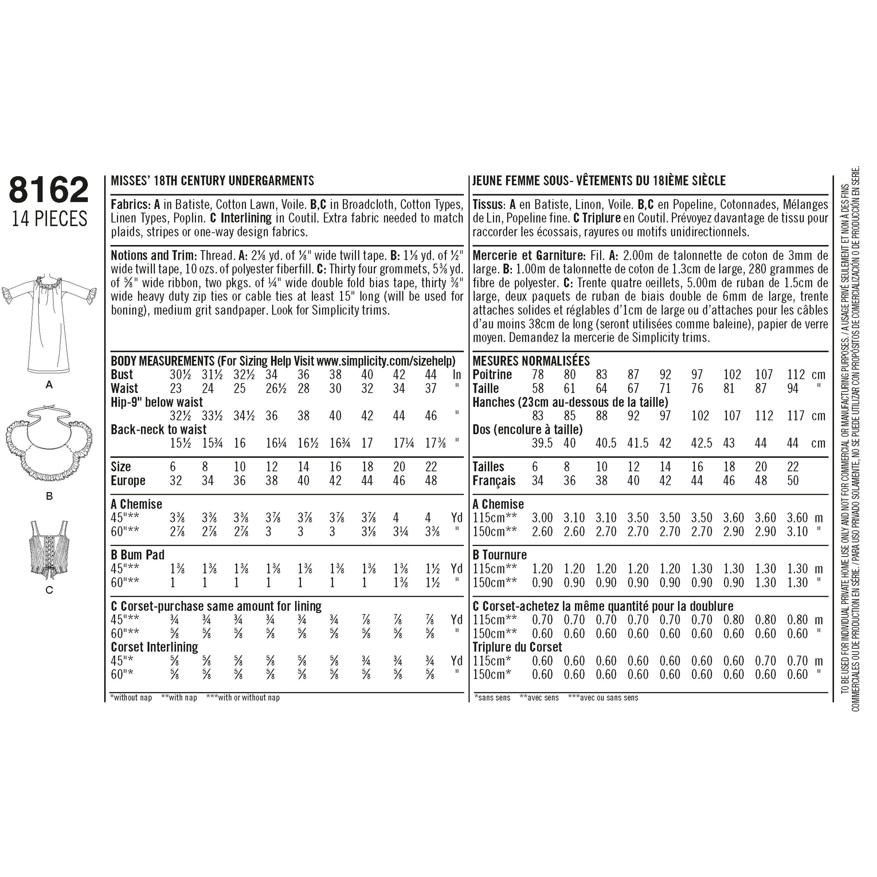 Simplicity Pattern 8162 Misses' 18th Century Undergarments