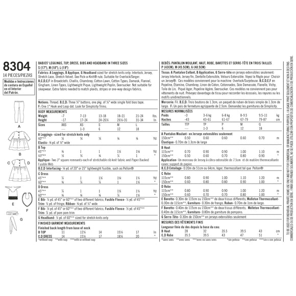 Simplicity Pattern 8304 Babies', Leggings, Top, Dress, Bibs and Headband in three sizes S(17") M(18") L(19")