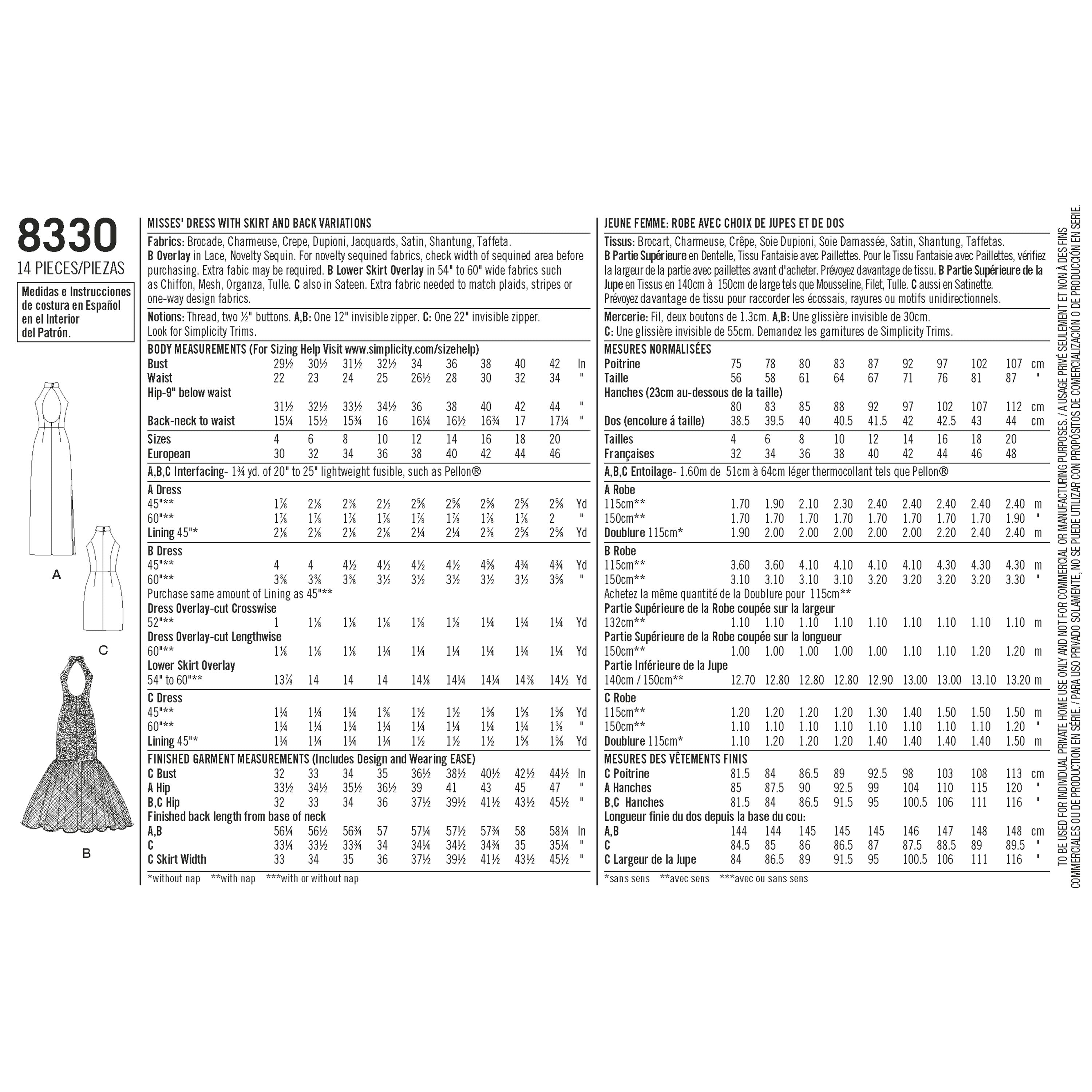 Simplicity Pattern 8330 Misses' Dress with Skirt and Back Variations