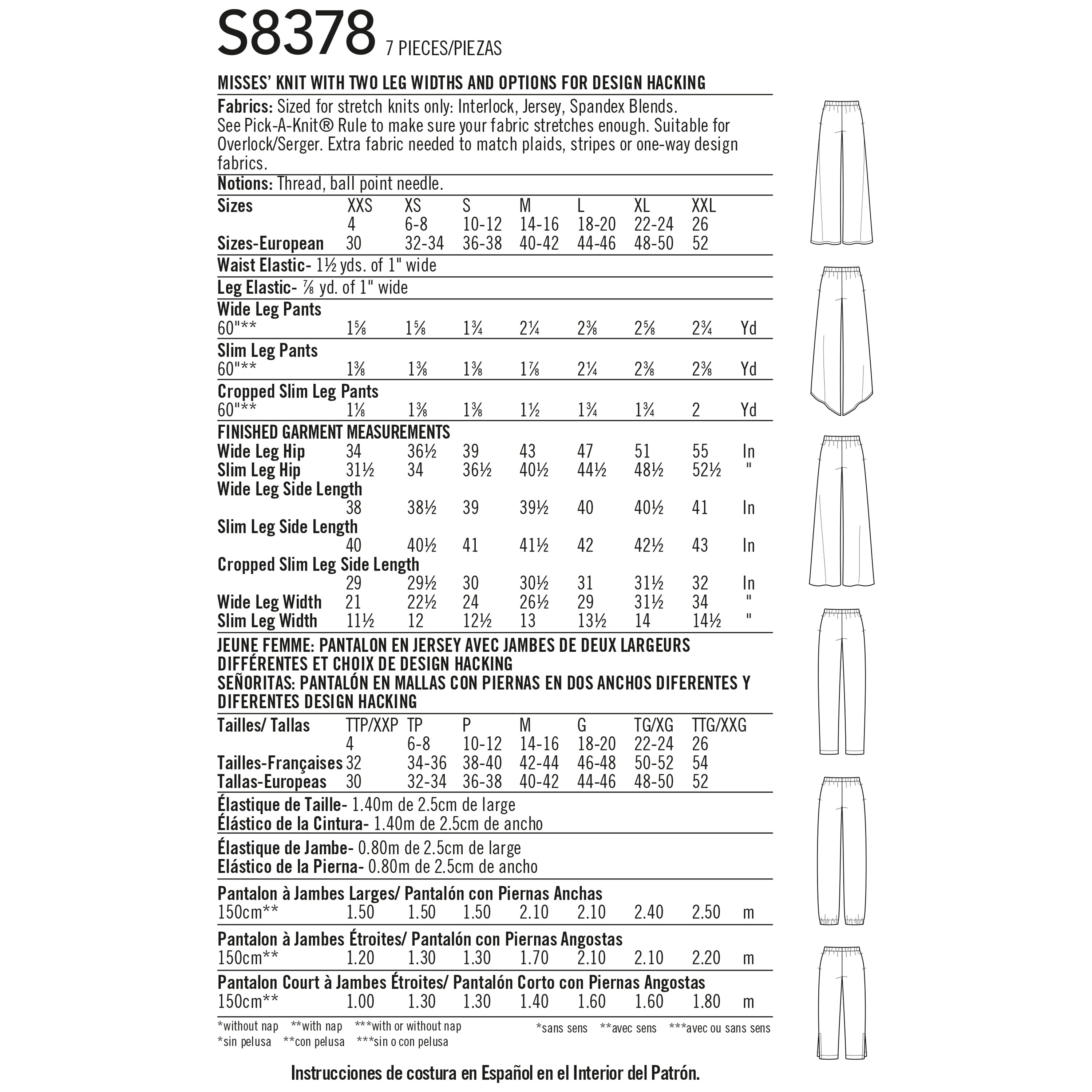 Simplicity Pattern 8378 Misses' Knit Trousers with Multiple Pieces for Design Hacking