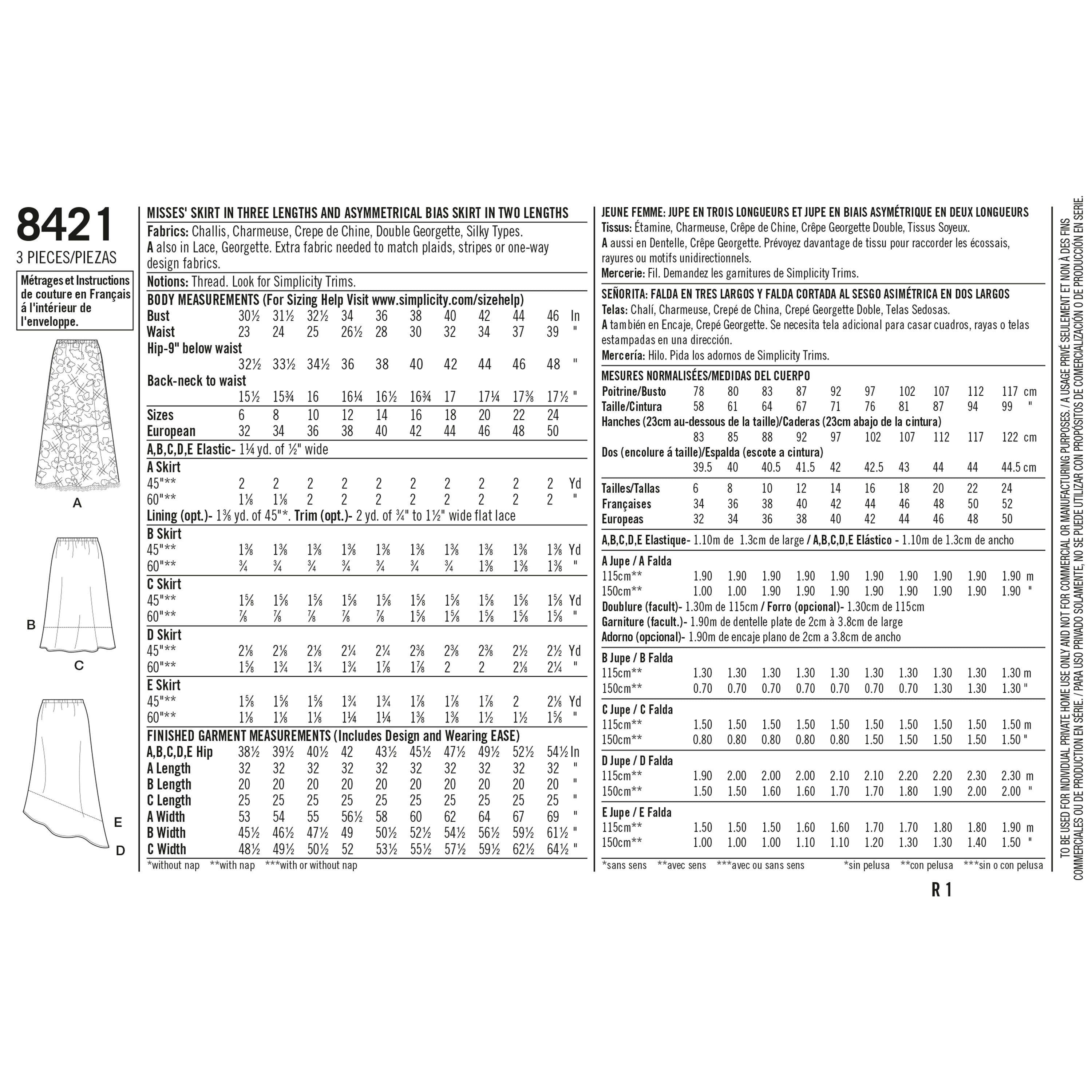 Simplicity Sewing Pattern 8421 Misses' Skirts in Three lengths with Hem Variations