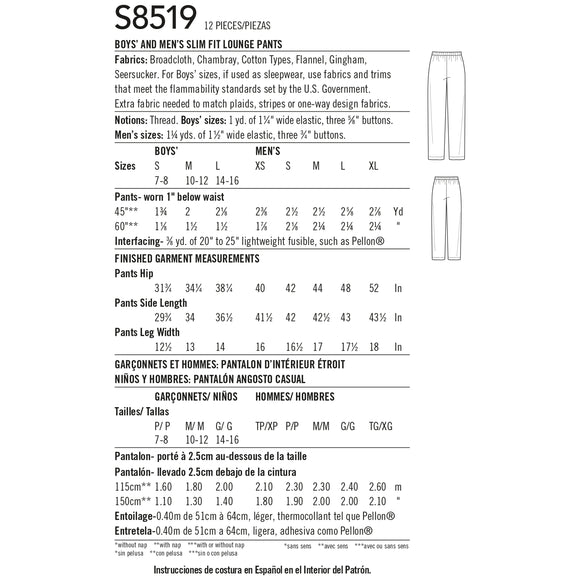 Simplicity Sewing Pattern 8519 Boys' & Men's Slim Fit Lounge Pants