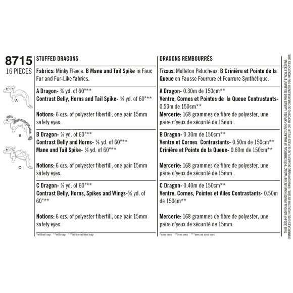 Simplicity Sewing Pattern 8715 Stuffed Dragons