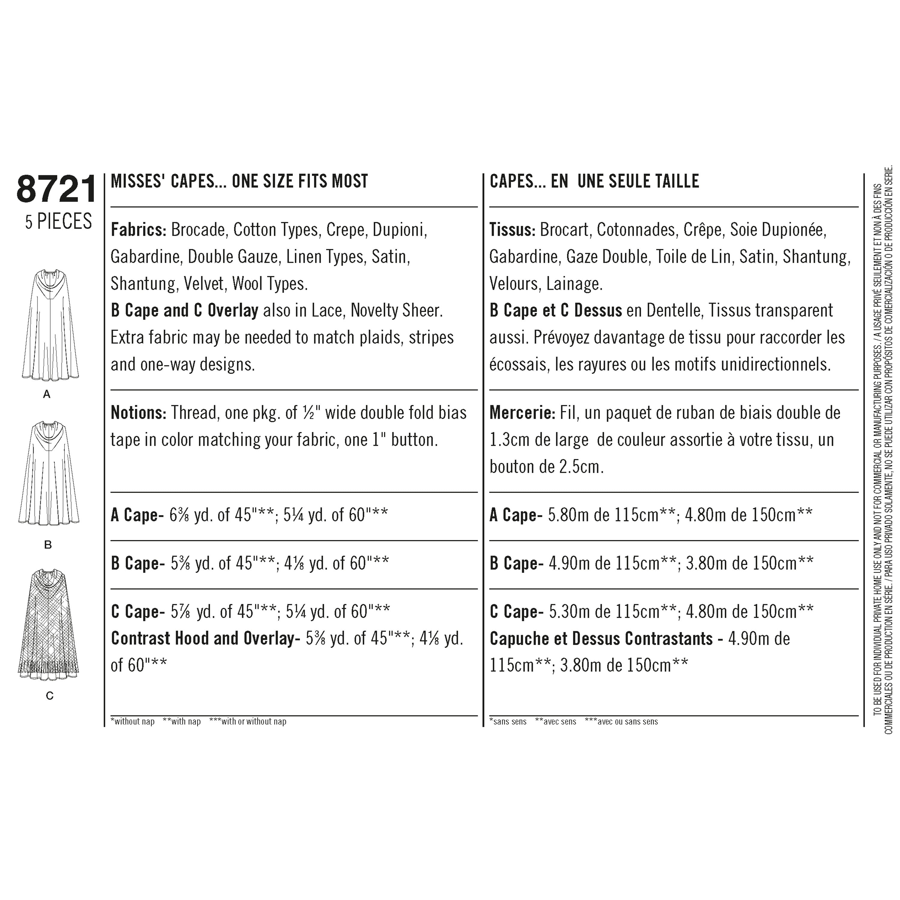 Simplicity Sewing Pattern 8721 Misses Capes - 0