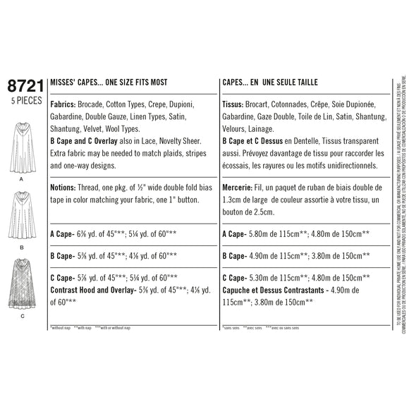Simplicity Sewing Pattern 8721 Misses Capes