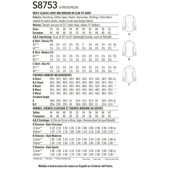 Simplicity Sewing Pattern 8753 Men's Classic, Modern and Slim-Fit Shirt