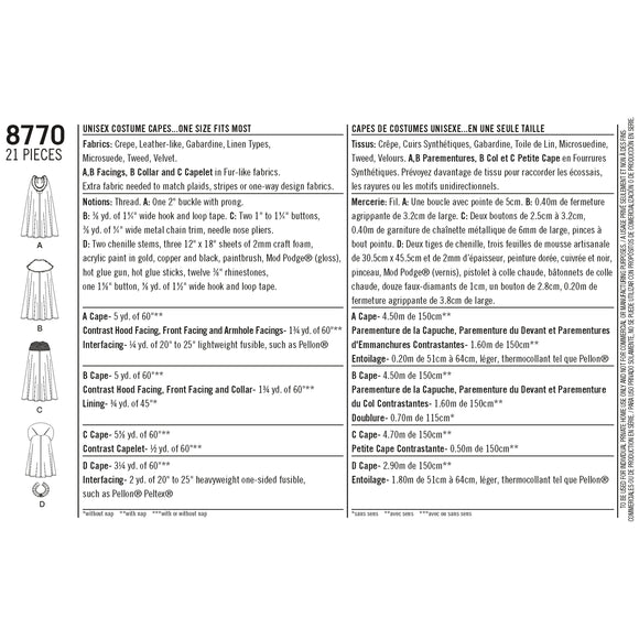 Simplicity Sewing Pattern 8770 Unisex Costume Capes