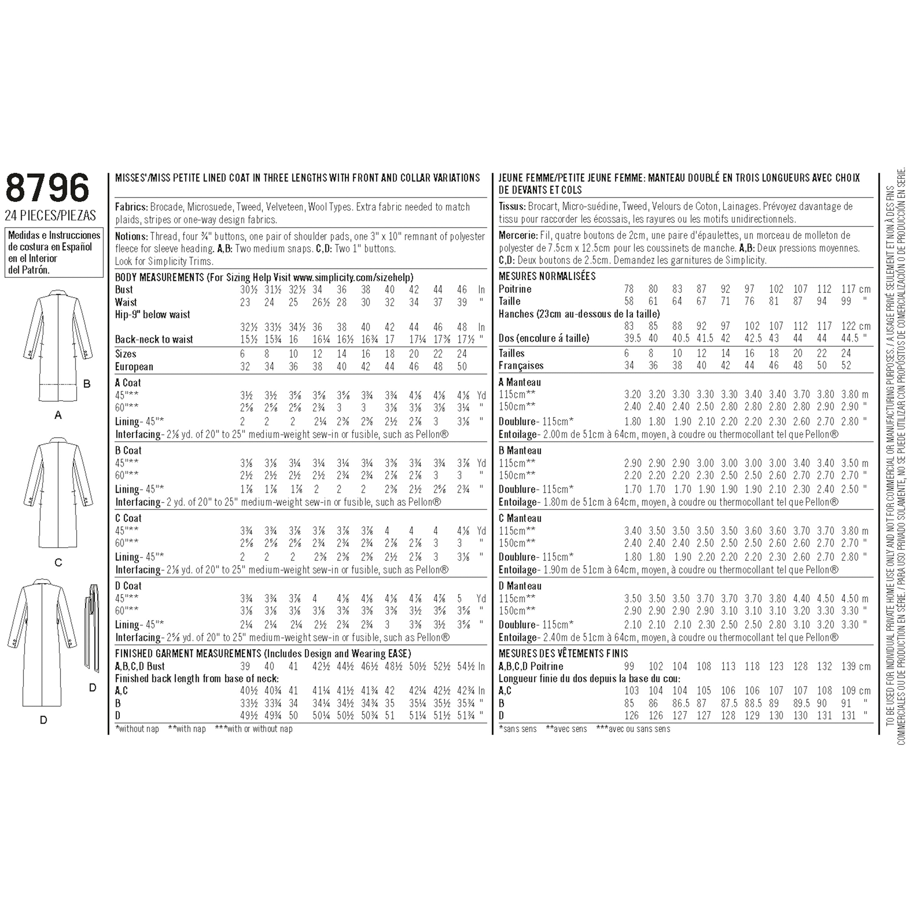 Simplicity Sewing Pattern 8796 Misses/ Petite Lined Coat