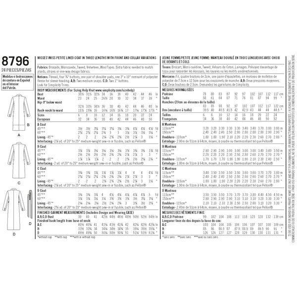 Simplicity Sewing Pattern 8796 Misses/ Petite Lined Coat
