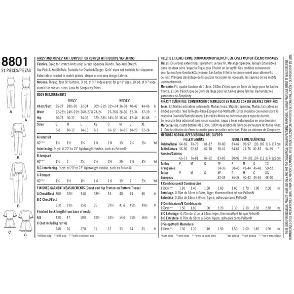 Simplicity Sewing Pattern 8801 Girls and Misses Knit loungewear jumpsuit or playsuit.