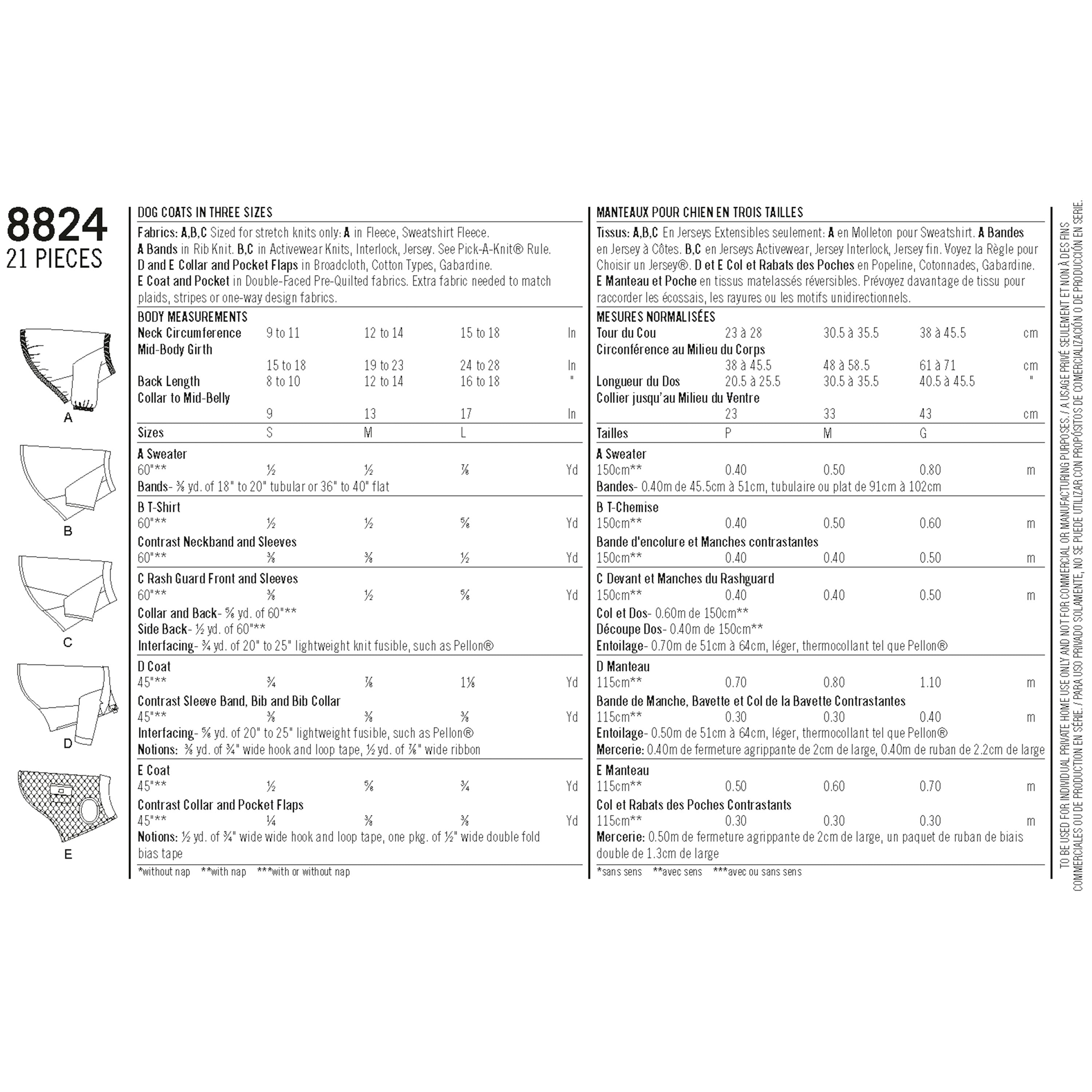 Pattern 8824 Dog Coats in Three Sizes - 0