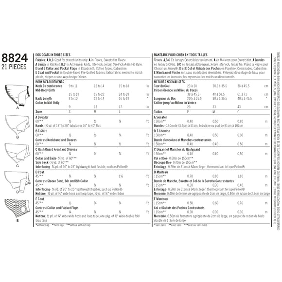 Pattern 8824 Dog Coats in Three Sizes