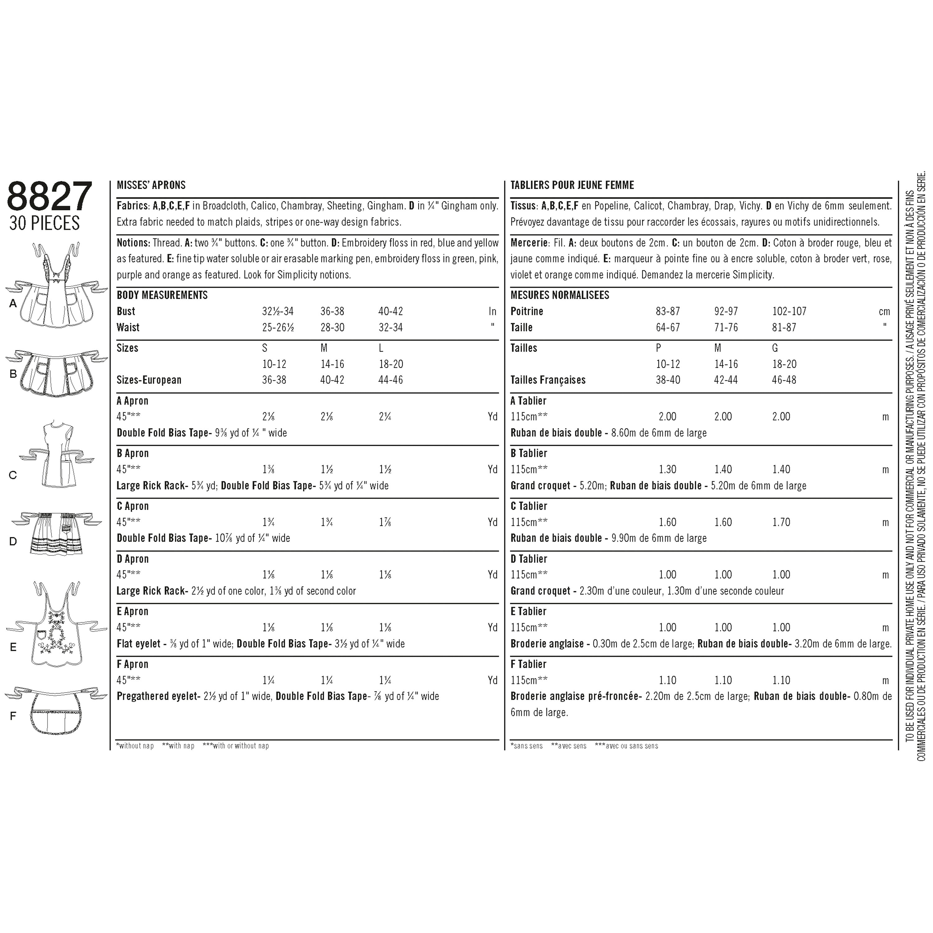 Pattern 8827 Misses' Aprons - 0