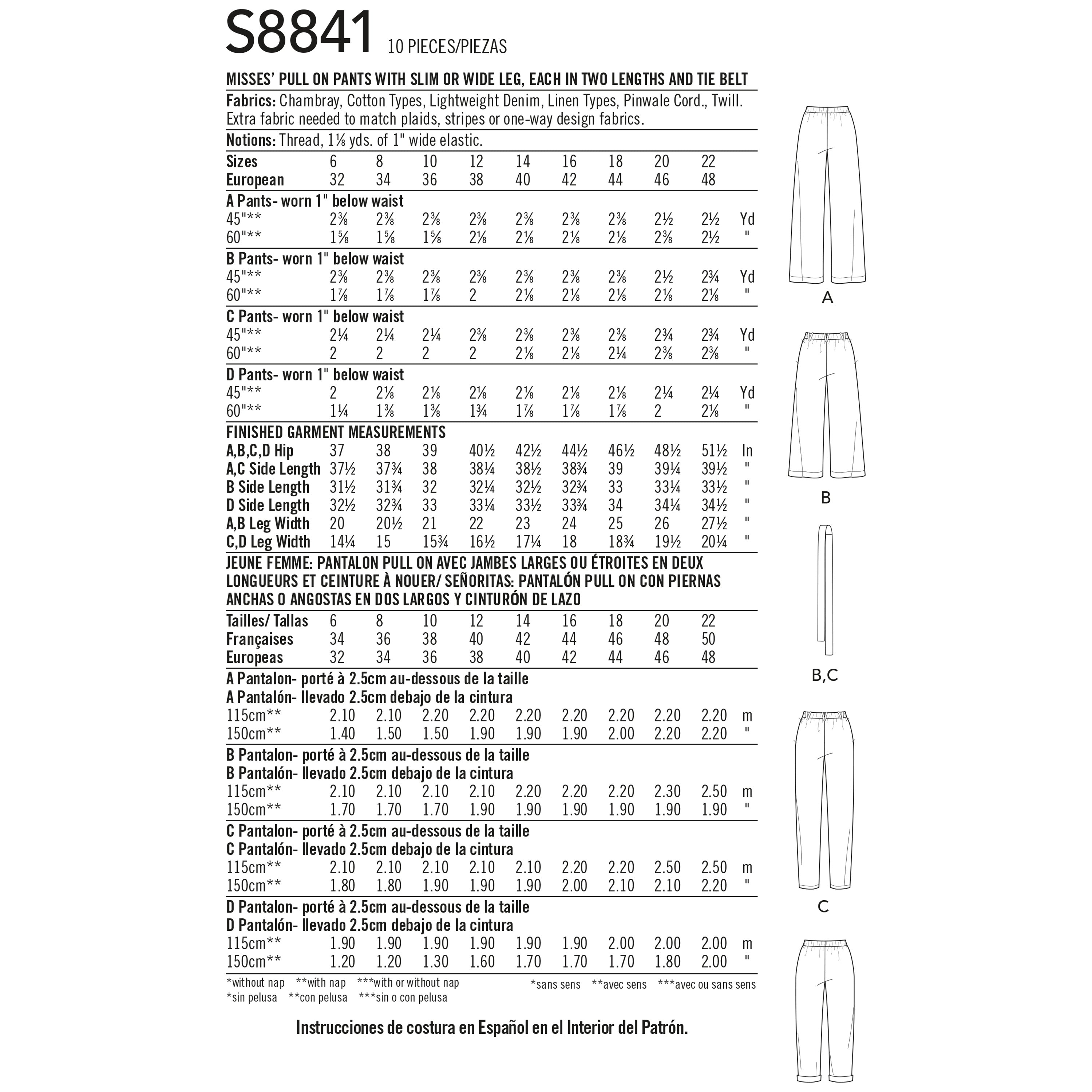 Simplicity Pattern S8841 Misses' Wide or Slim Leg Pull-on Pants - 0