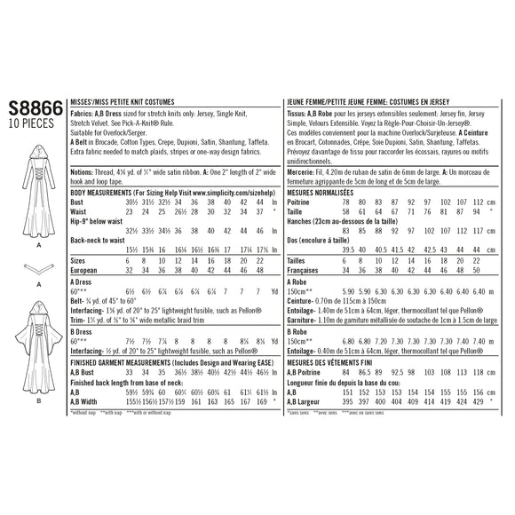 Simplicity Pattern S8866 Misses'/ Miss Petite Costumes