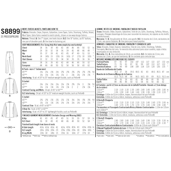 Simplicity Sewing Pattern S8899 Men's Tuxedo Jackets, Pants and Bow Tie