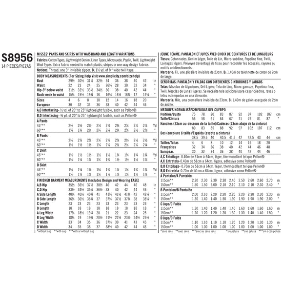 Simplicity Sewing Pattern S8956 Misses' Trousersand Skirts