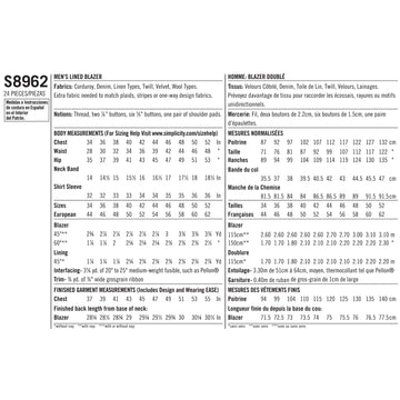 Simplicity Sewing Pattern S8962 Men's Lined Blazer - 0