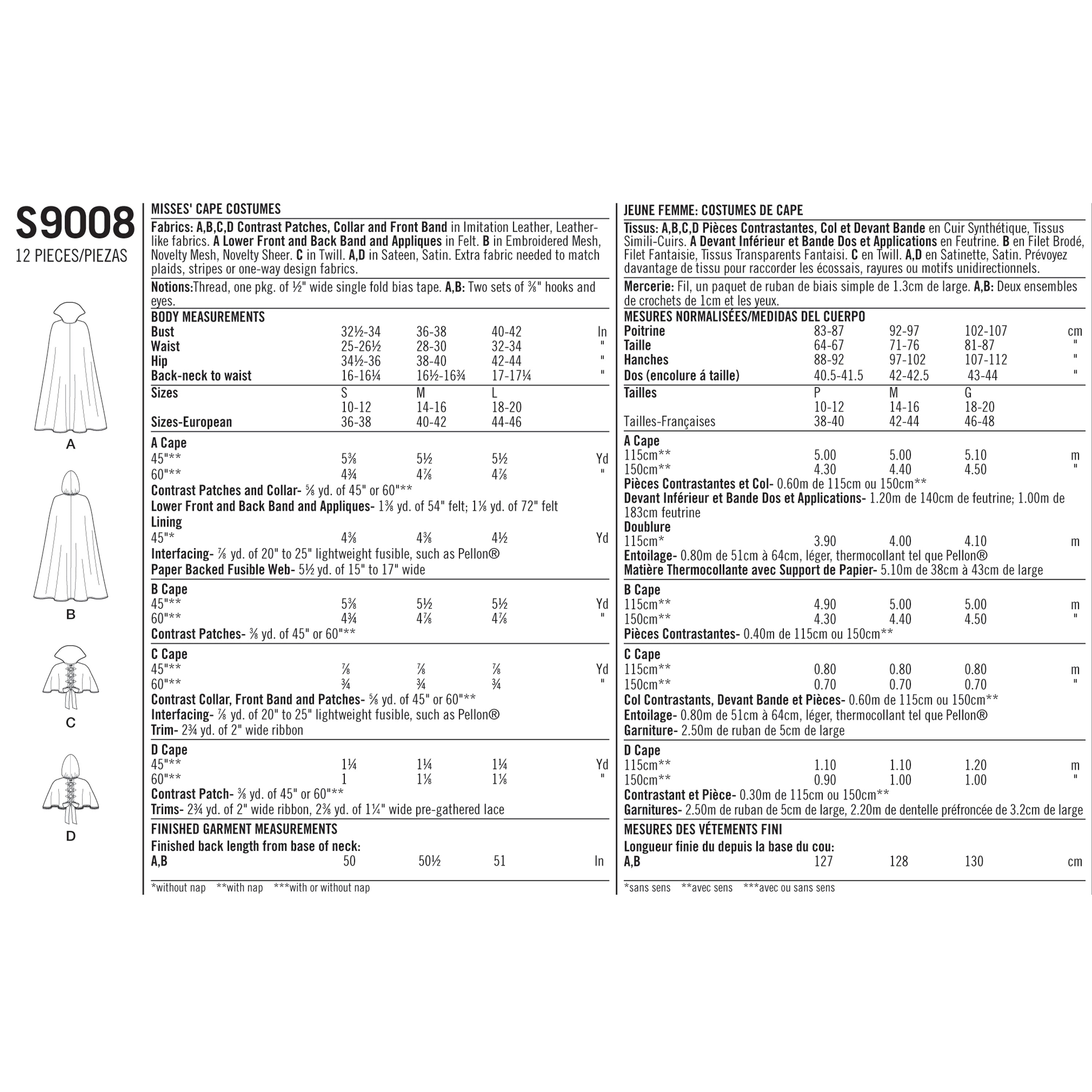 Simplicity Sewing Pattern S9008 Misses' Cape with Tie Costumes - 0