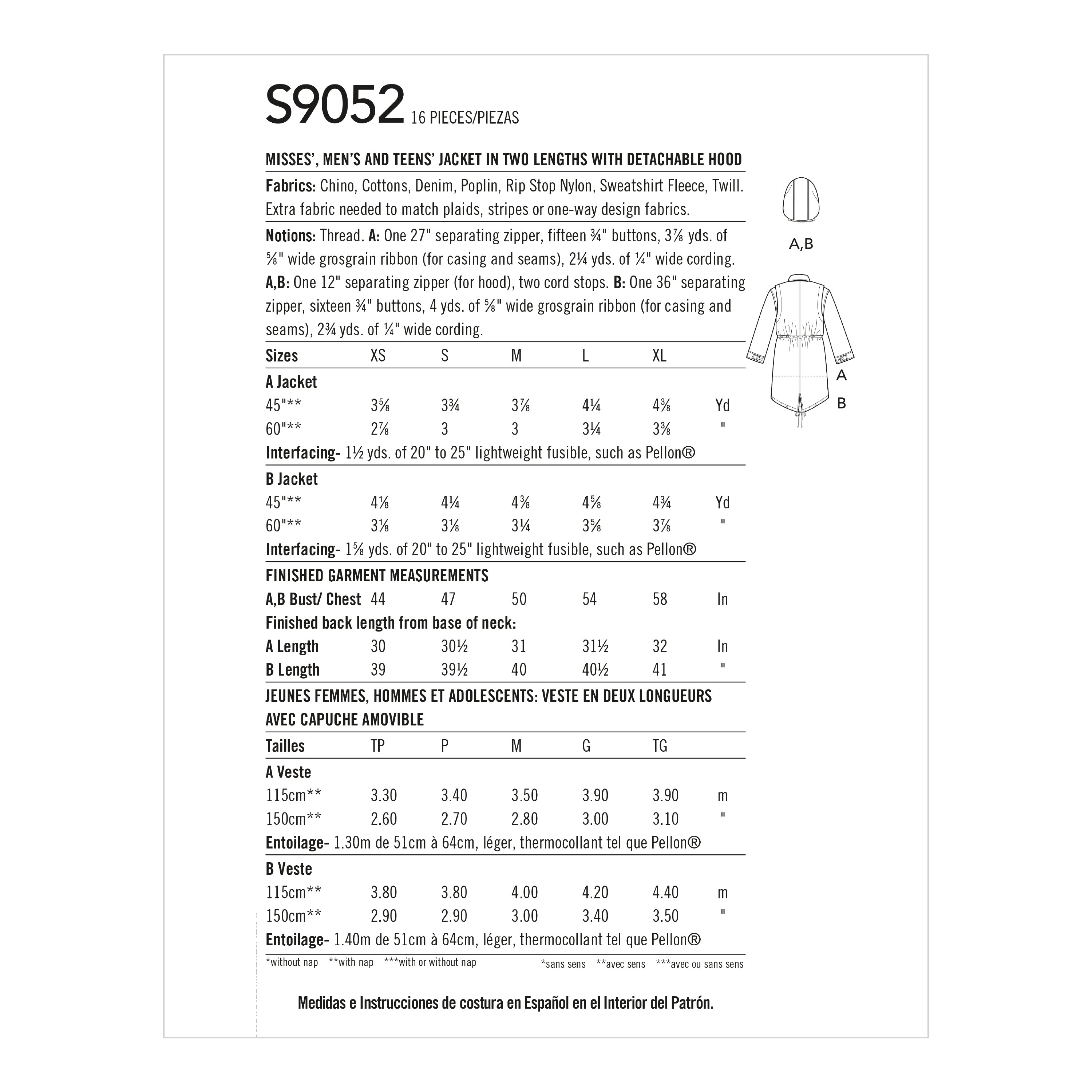 Simplicity Sewing Pattern S9052 Mimi G Style Misses' Mens & Teen's Parka Jacket & Hood - 0