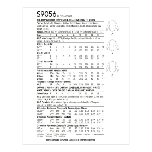 Simplicity Sewing Pattern S9056 Children's & Teen Boys' Shirts