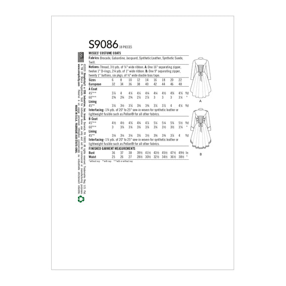 Simplicity Sewing Pattern S9086 Misses' Steampunk Costume Coat