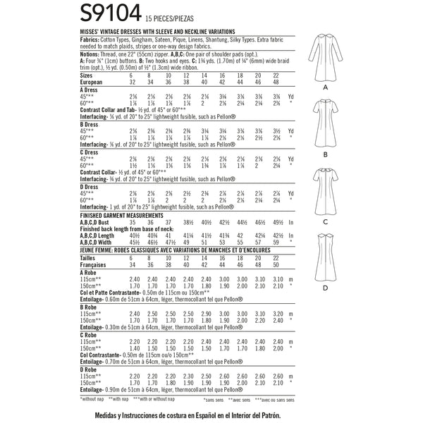 Simplicity Sewing Pattern S9104 Misses' Vintage Dresses