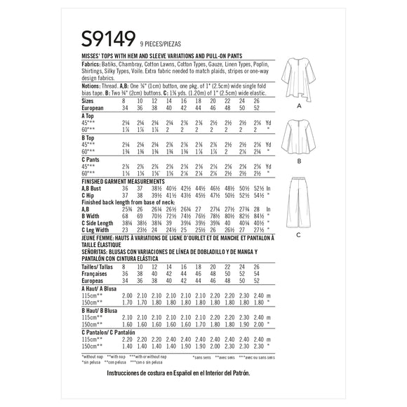 Simplicity Sewing Pattern S9149 Misses' Tops & Trousers