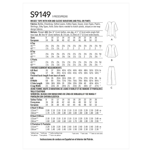 Simplicity Sewing Pattern S9149 Misses' Tops & Trousers