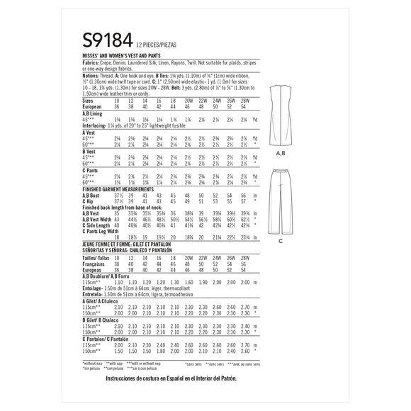 Simplicity Sewing Pattern S9184 Misses' and Women's Waistcoat and Trousers