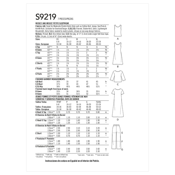 Simplicity Sewing Pattern S9219 Misses' and Misses' Petite Sleepwear