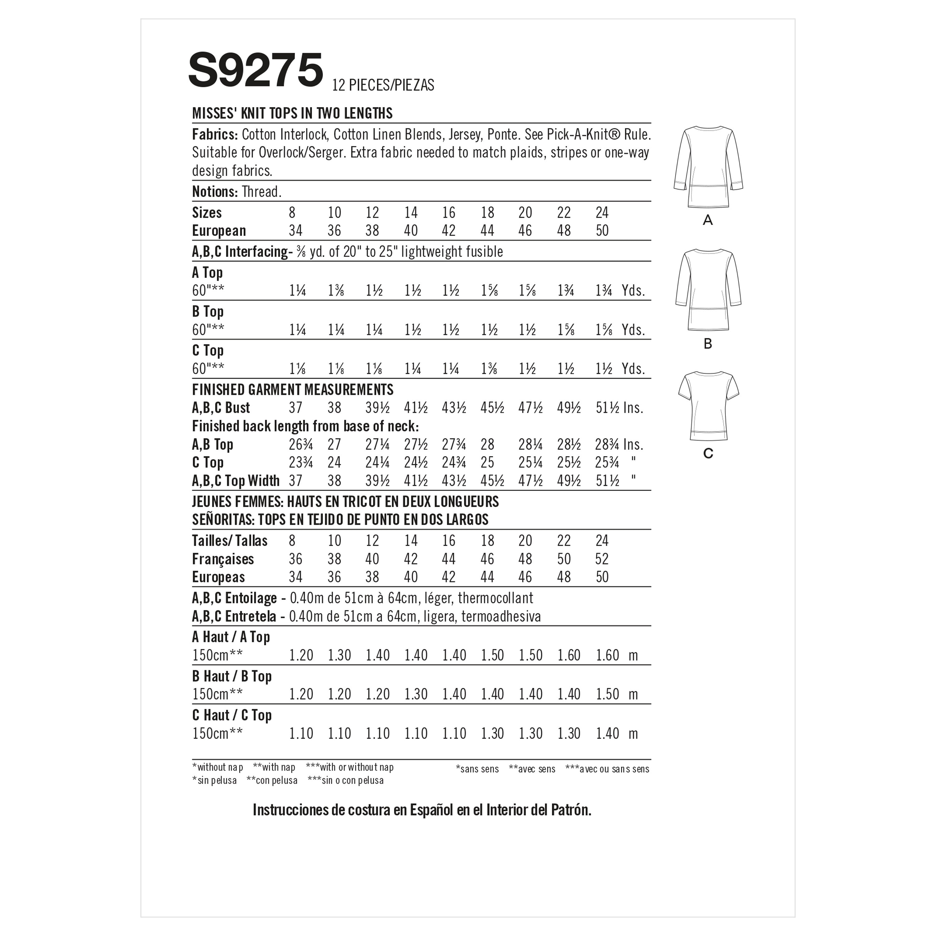 Simplicity Sewing Pattern S9275 Misses' Tops In Two Lengths