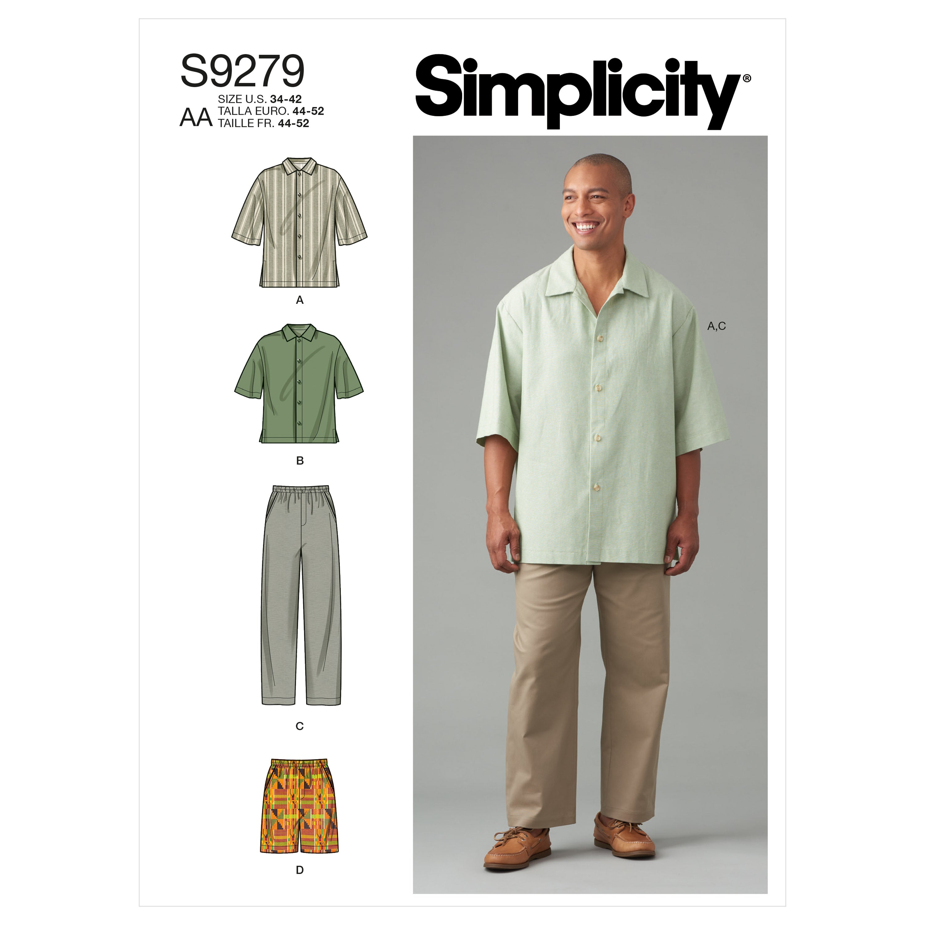 Simplicity Sewing Pattern S9279 Men's Shirt In Two Lengths, Trousers and Shorts