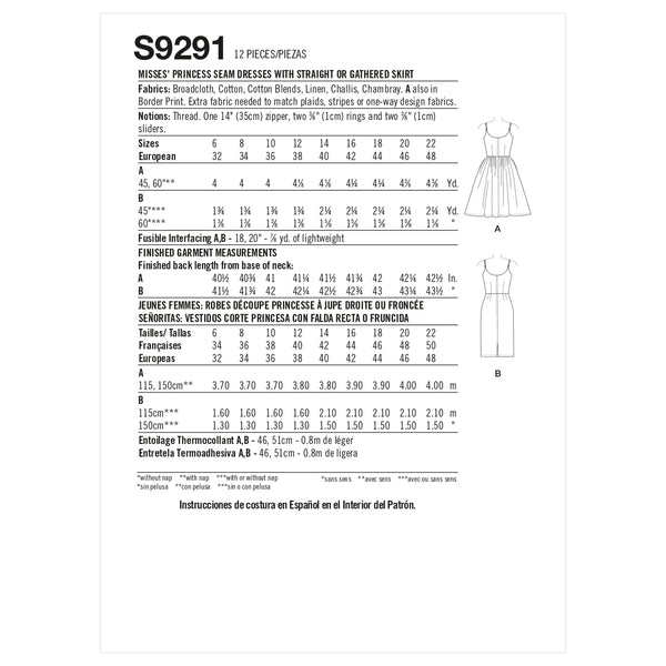 Simplicity Sewing Pattern S9291 Misses' Princess Seam Dresses With Straight or Gathered Skirt