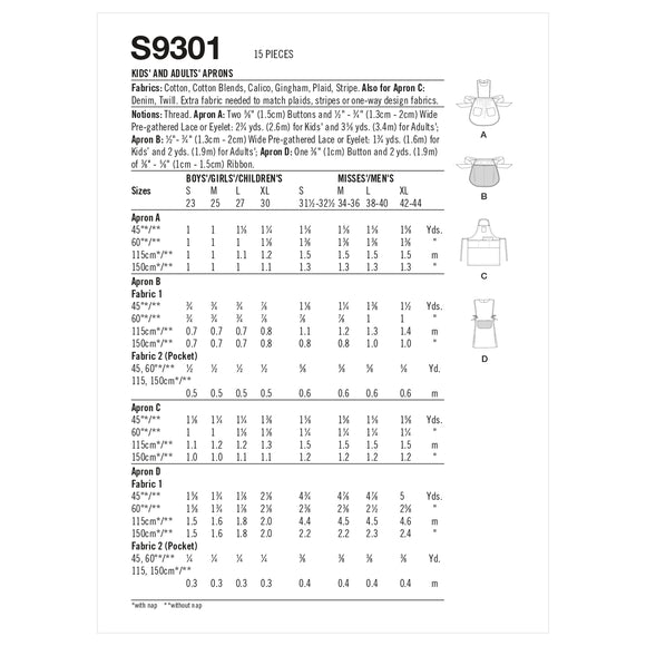 Simplicity Sewing Pattern S9301 Kids' & Adults' Aprons