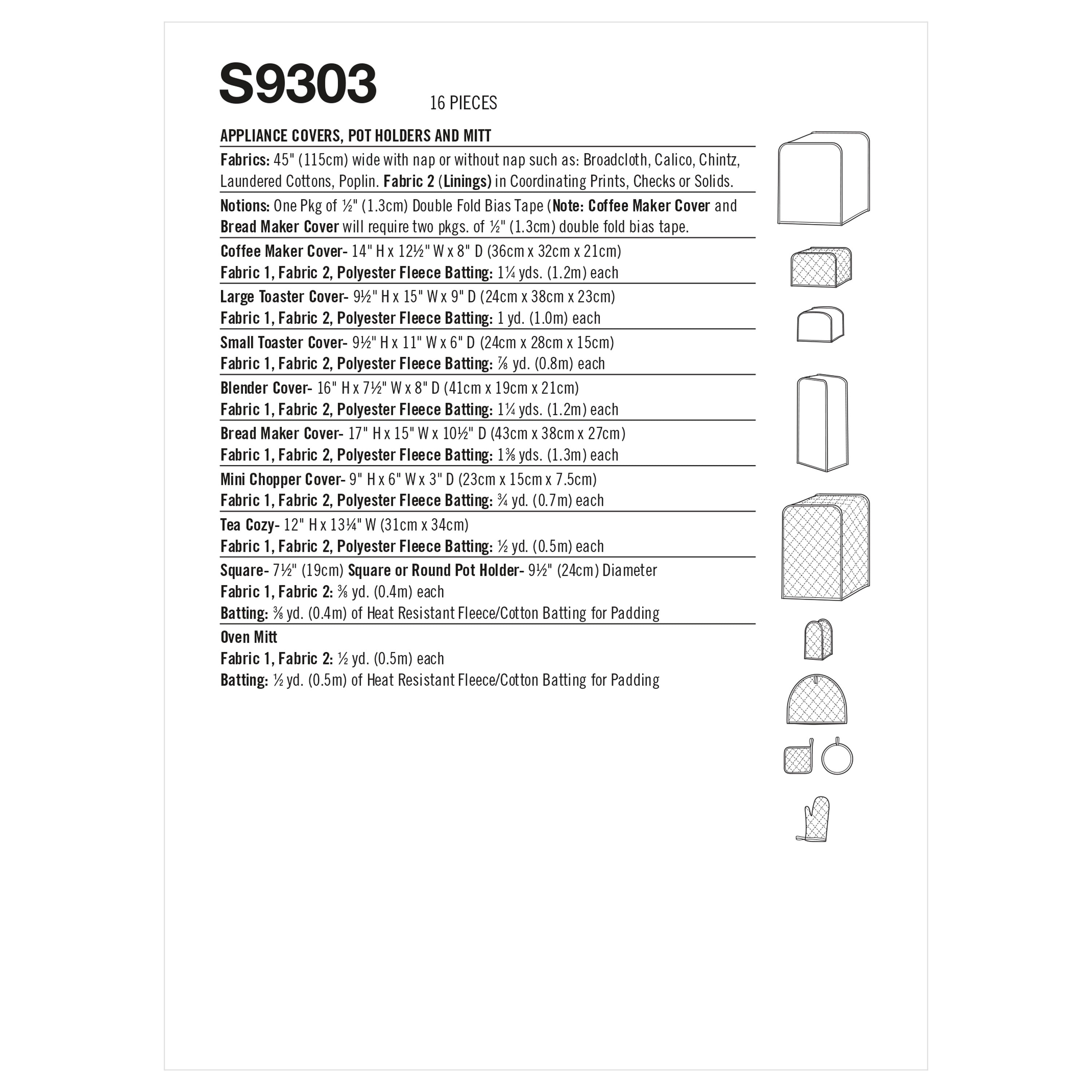 Simplicity Sewing Pattern S9303 Appliance Covers